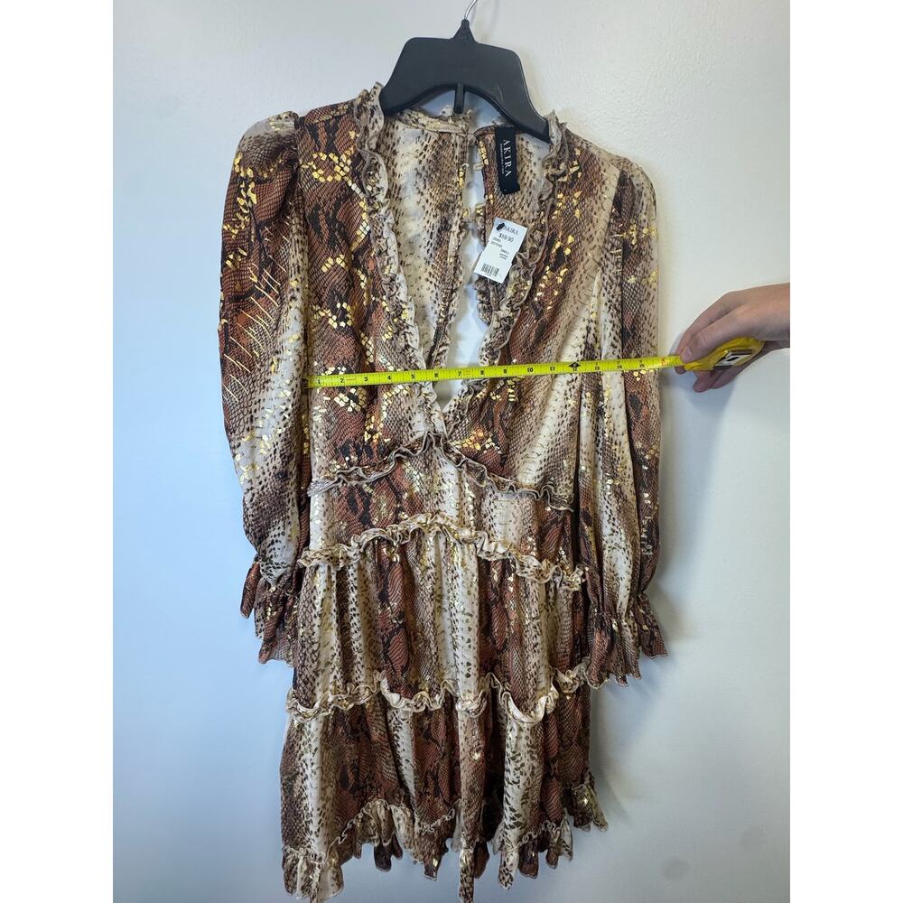 Akira Snake Print Tiered Ruffle Mini Dress Metallic Gold Shimmer Long Sleeve S - Picture 8 of 8